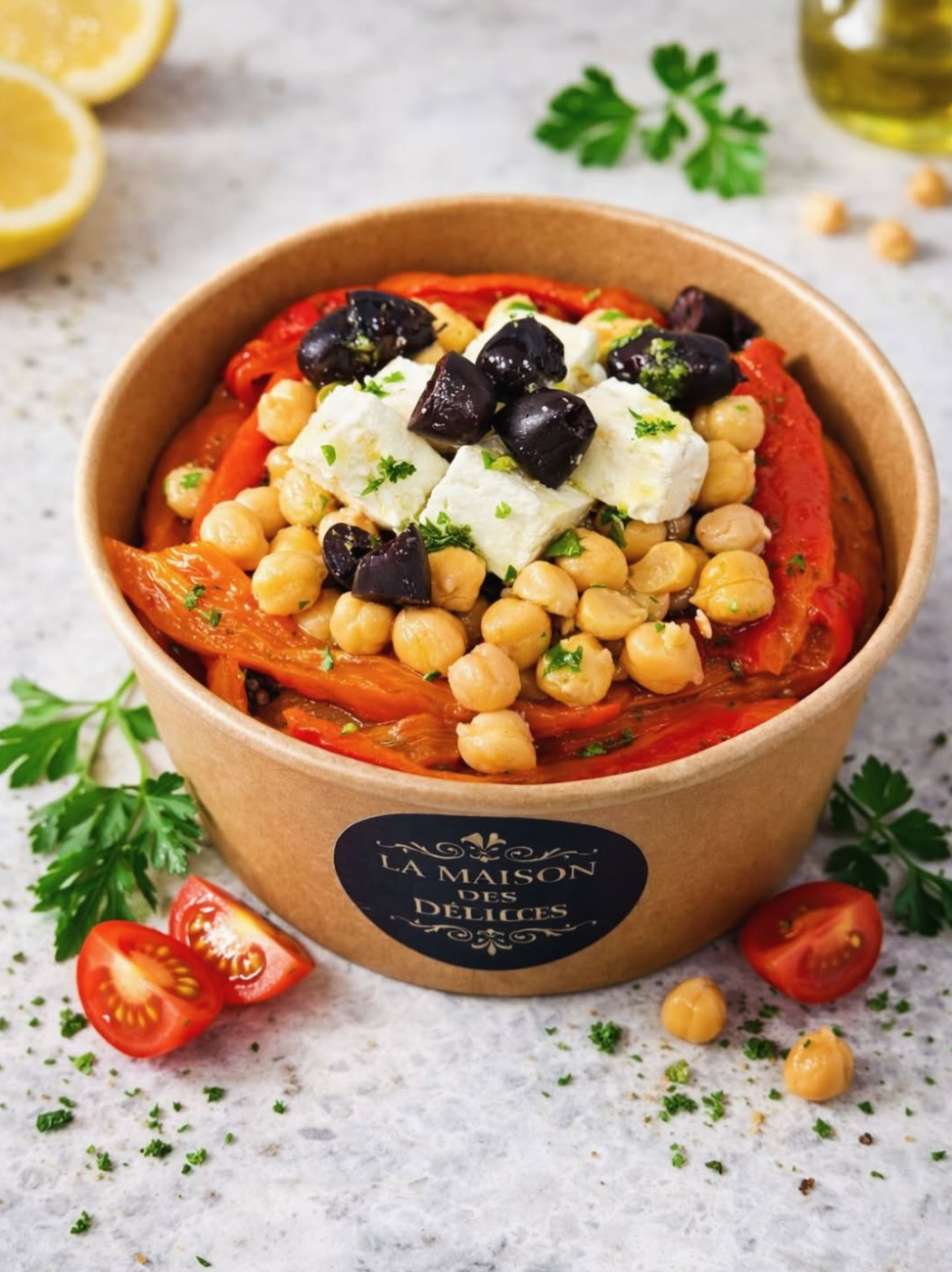 Eine frische Veggy Bowl in einer Pappschale mit dem Logo von La Maison des Délices; bestehend aus einer Quinoa-Basis, garniert mit sautierter roter Paprika, Kichererbsen, Feta-Würfeln und schwarzen Oliven.