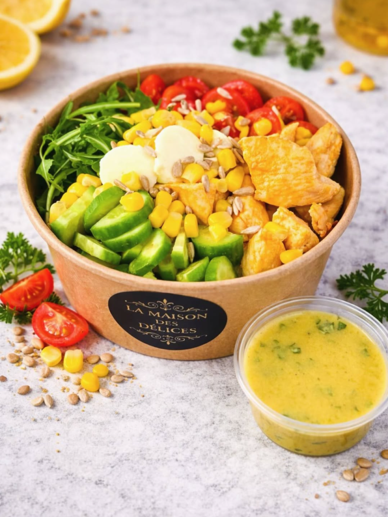 Eine reichhaltige Couscous-Bowl in einer Pappschale mit dem Logo von La Maison des Délices; bestehend aus einer Couscous-Basis, garniert mit gebratener Hähnchenbrust, frischem Rucola, Cherrytomaten, Gurkenscheiben, Mais, Mini-Mozzarellakugeln und Sonnenblumenkernen. Daneben ist ein kleiner transparenter Behälter mit Dressing zu sehen.
