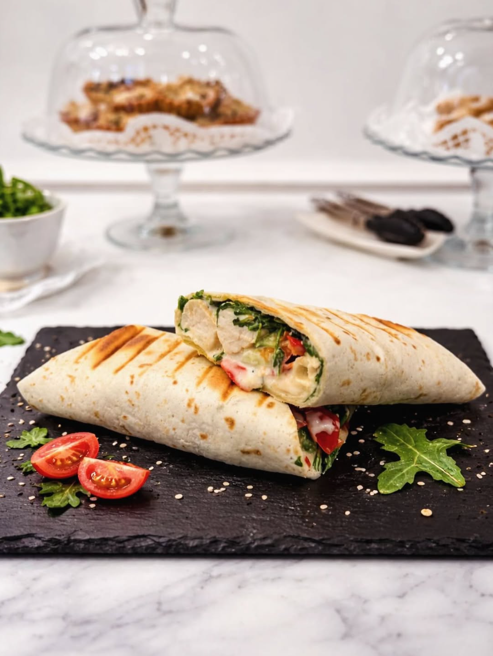 Ein auf einer schwarzen Schieferplatte servierter, halbierter Tortilla-Wrap mit deutlichen Grillstreifen; gefüllt mit saftigen Hähnchenbruststücken, frischem Rucola, Tomaten und einer cremigen Soße. Im Hintergrund sind elegante Glasglocken mit Gebäck und eine stilvolle Café-Atmosphäre zu sehen.